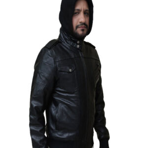 Mens black leather jacket with hood