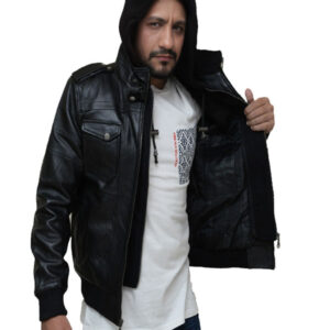 Mens black leather jacket with hood 2