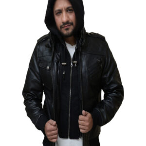 Mens black leather jacket with hood