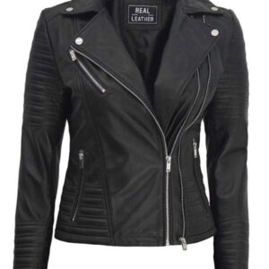 Womens Quilted Biker Black Leather Jacket