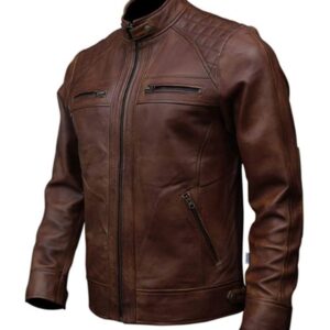 Mens Brown Quilted Cafe Racer Jacket