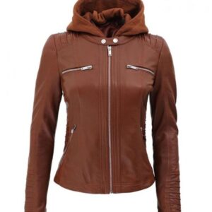 Women’s Brown leather hooded jacket