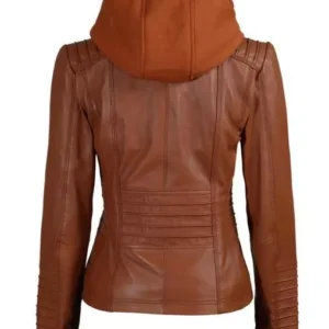 women brown leather jacket with hood back