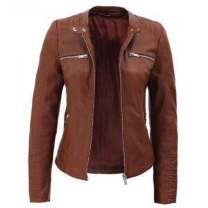 women brown leather jacket with hood open front