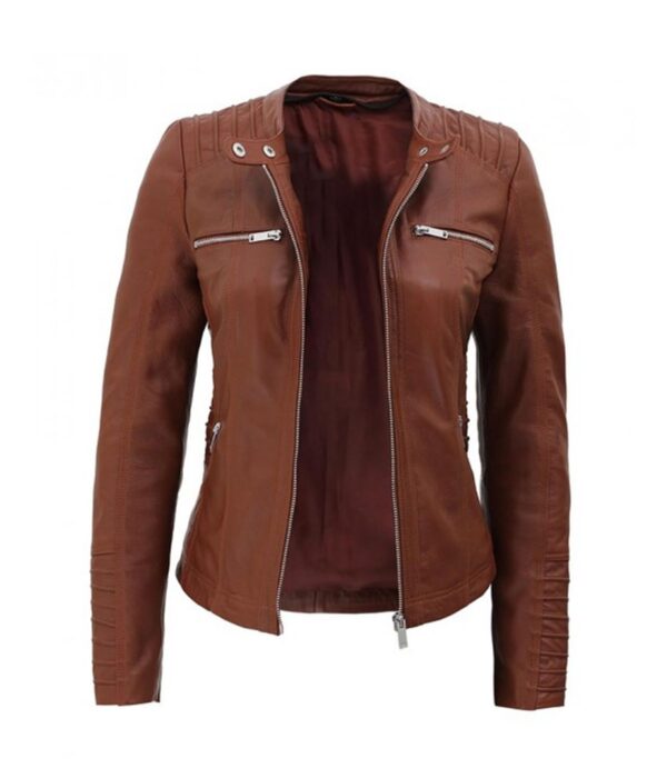 women brown leather jacket with hood open front