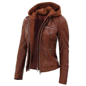 women's brown leather jacket with removable hood