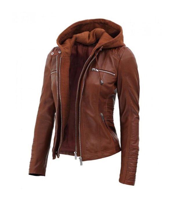 women's brown leather jacket with removable hood